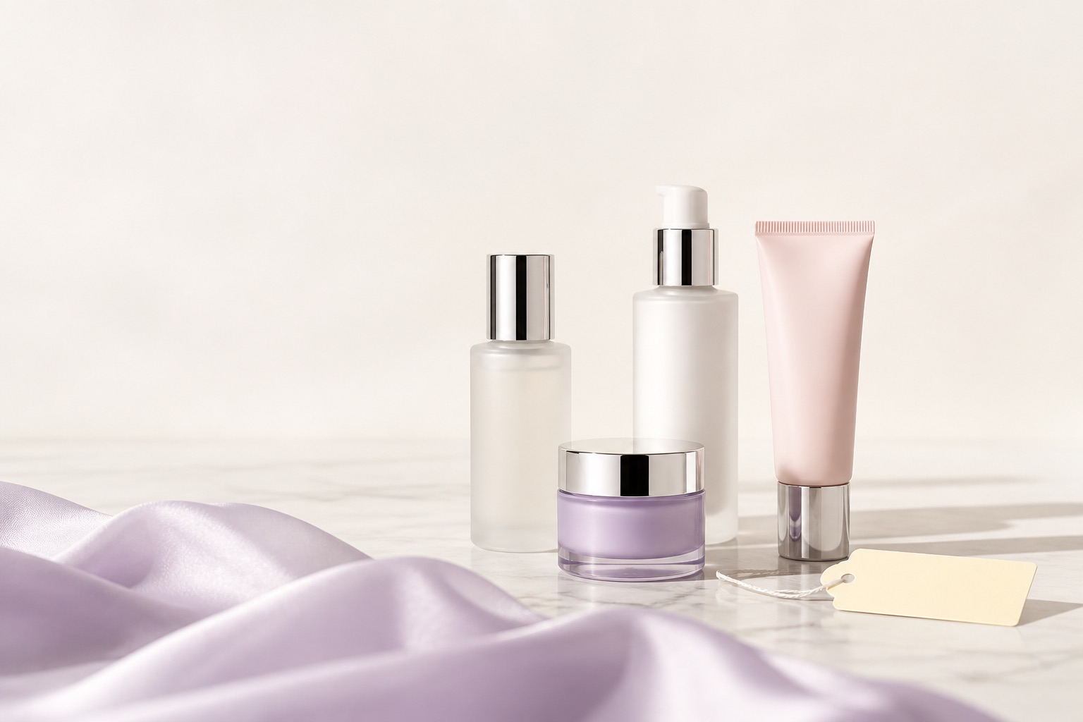 A close view of frosted skincare bottles and a cream tube beside a sweep of pale lilac silk, a blank price tag propped against them.