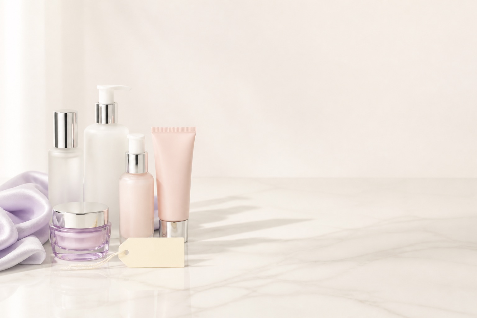 The same skincare bottles gathered to one side of a marble counter, a blank price tag among them and empty space beyond.